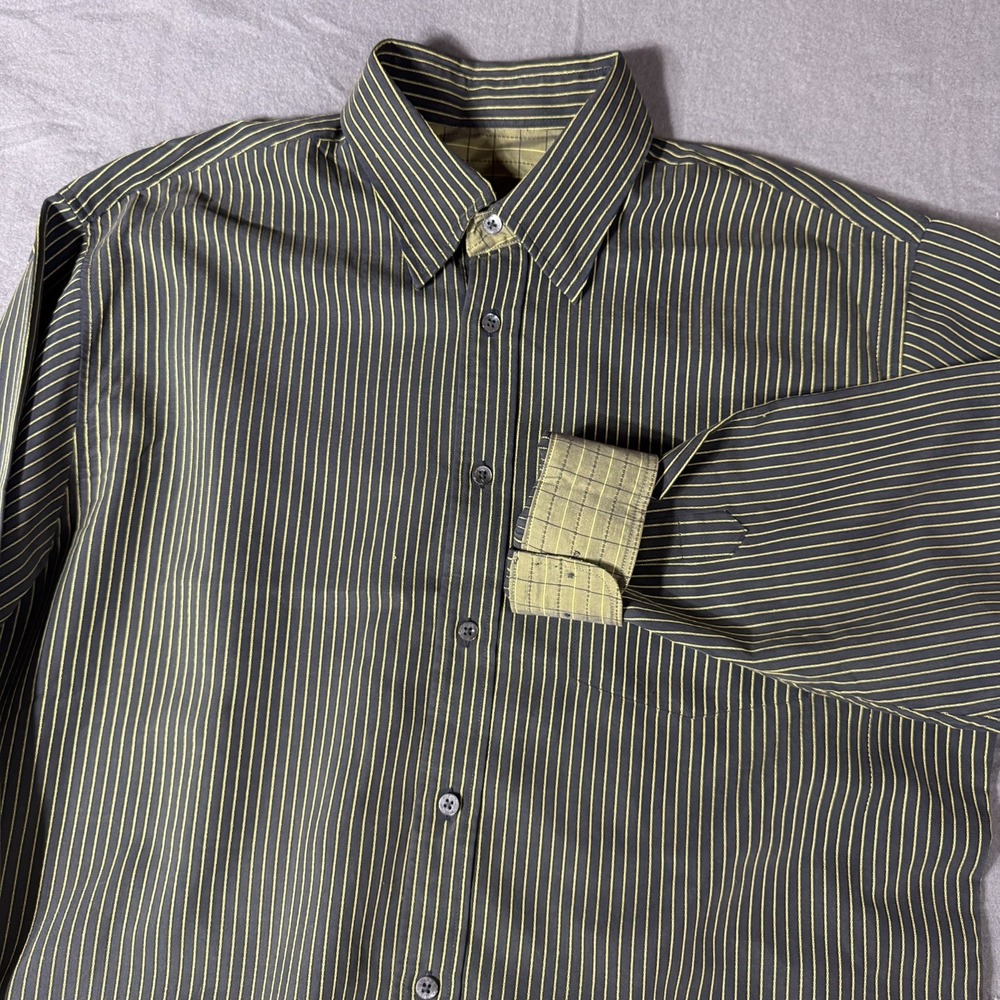 Bugatchi Uomo Shirt Mens Large Green‎ Yellow Stripe Button Up Long Sleeve Casual